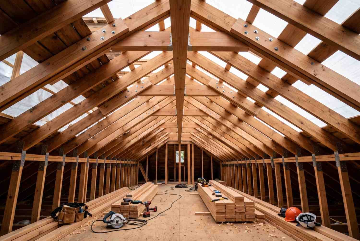Exposed attic roof framing with wooden trusses, beams, and construction tools.