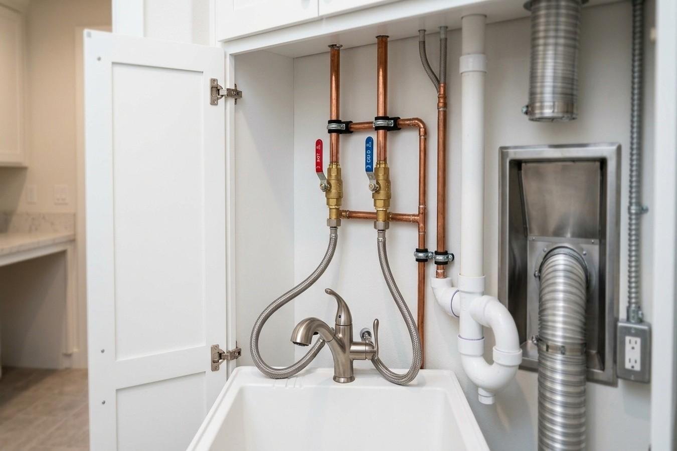 Laundry room utility installation with exposed plumbing, sink, water lines, and dryer vent.