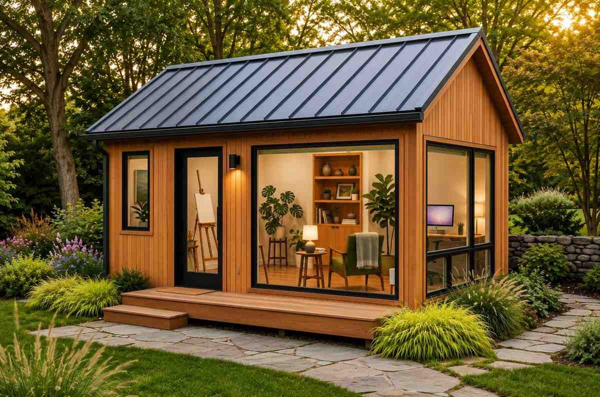 Modern backyard studio shed with large windows, metal roof, and landscaped garden.