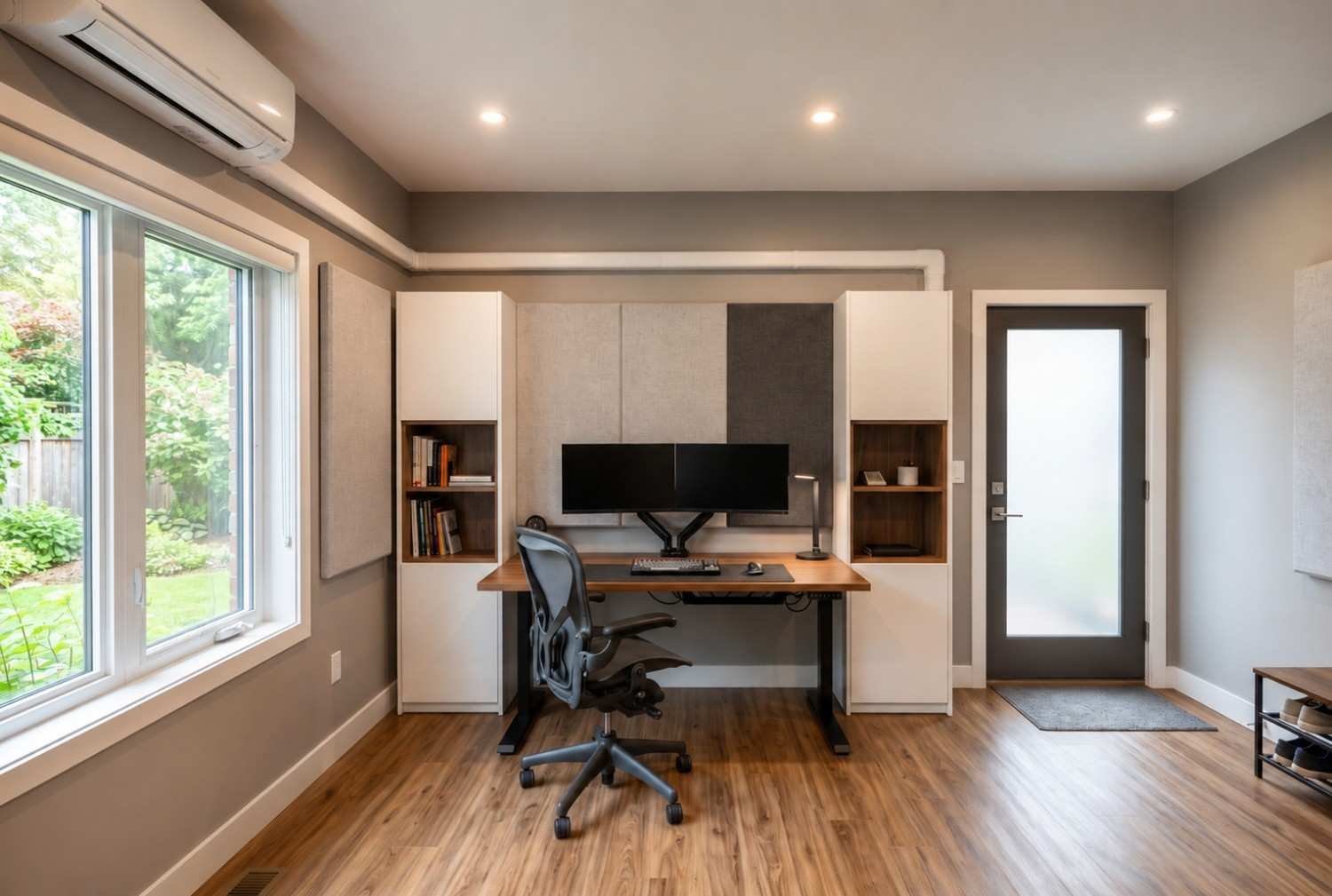 Modern home office interior with dual monitors, built-in shelving, and mini-split HVAC.