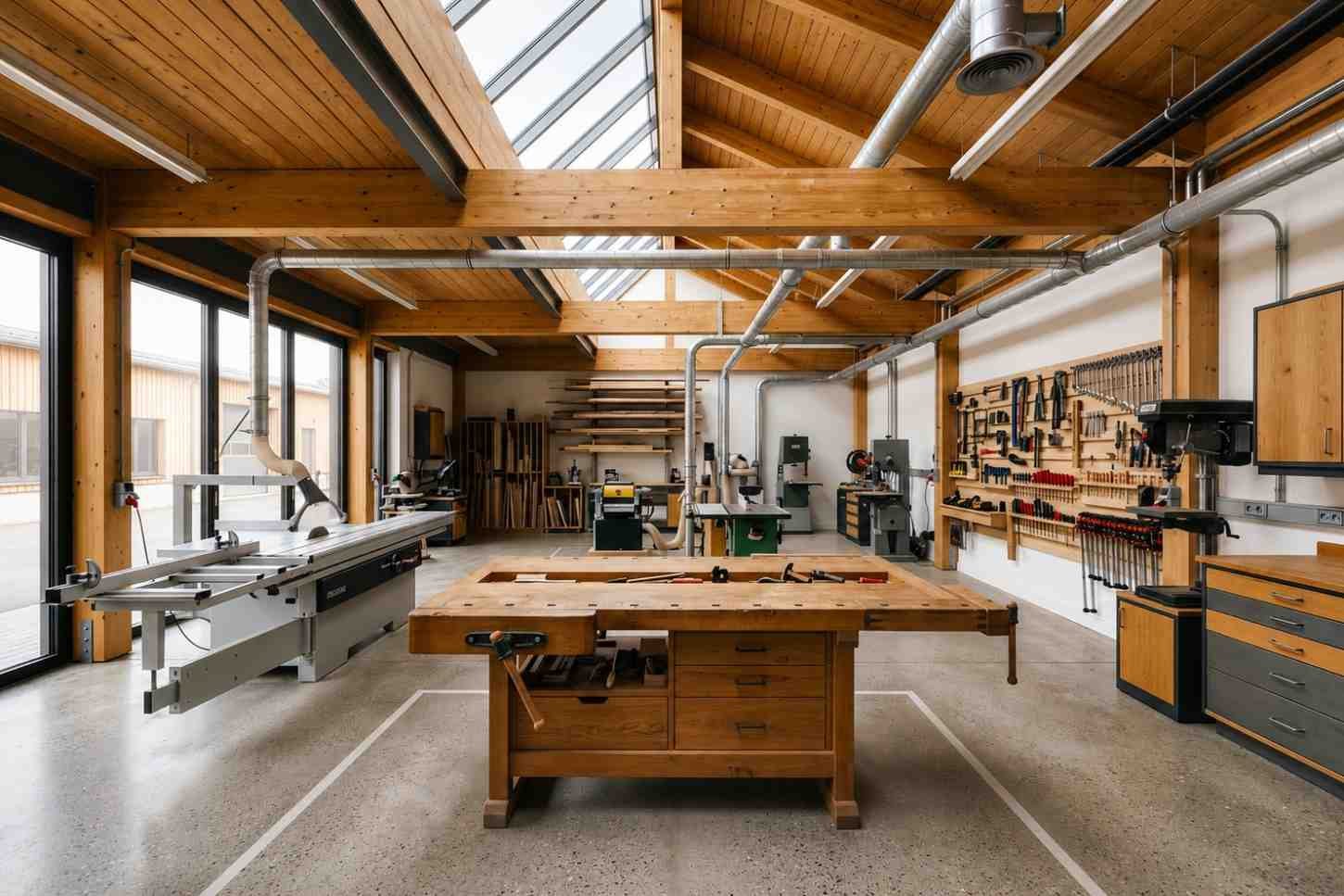 Modern woodworking workshop with timber beams, skylights, professional woodworking machinery, organized tool wall, and central workbench.