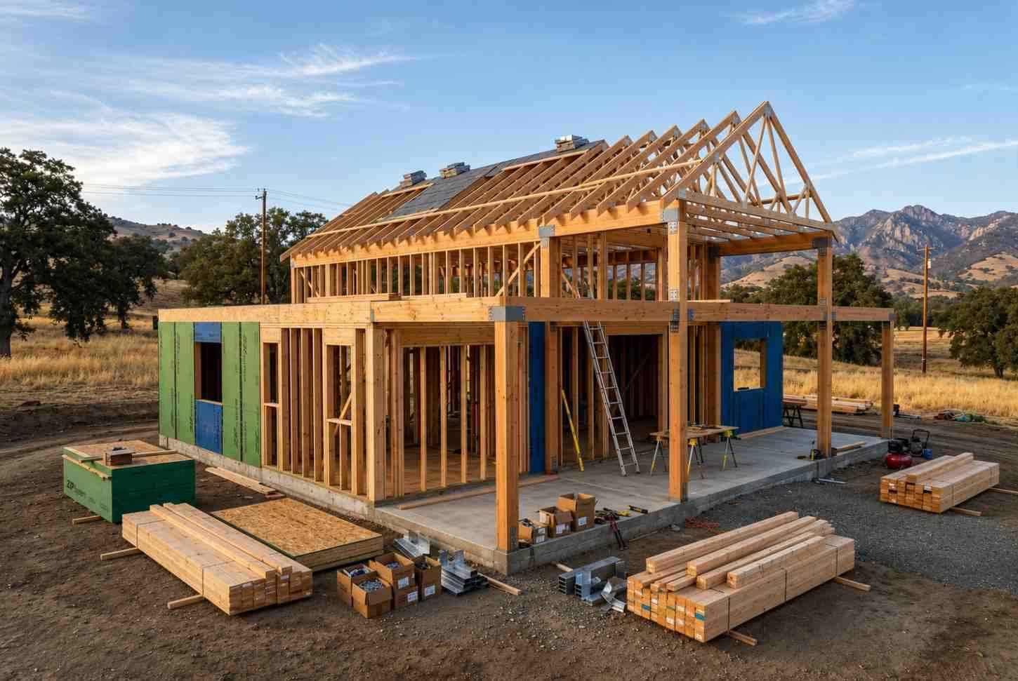 Large two-story home under construction with exposed wood framing, roof trusses, and building materials.