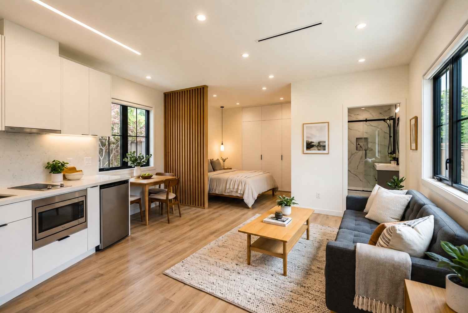 Modern ADU studio interior with an open-concept layout featuring a minimalist white kitchen, dining nook, cozy living area, partially screened bedroom, and contemporary bathroom with a glass shower.