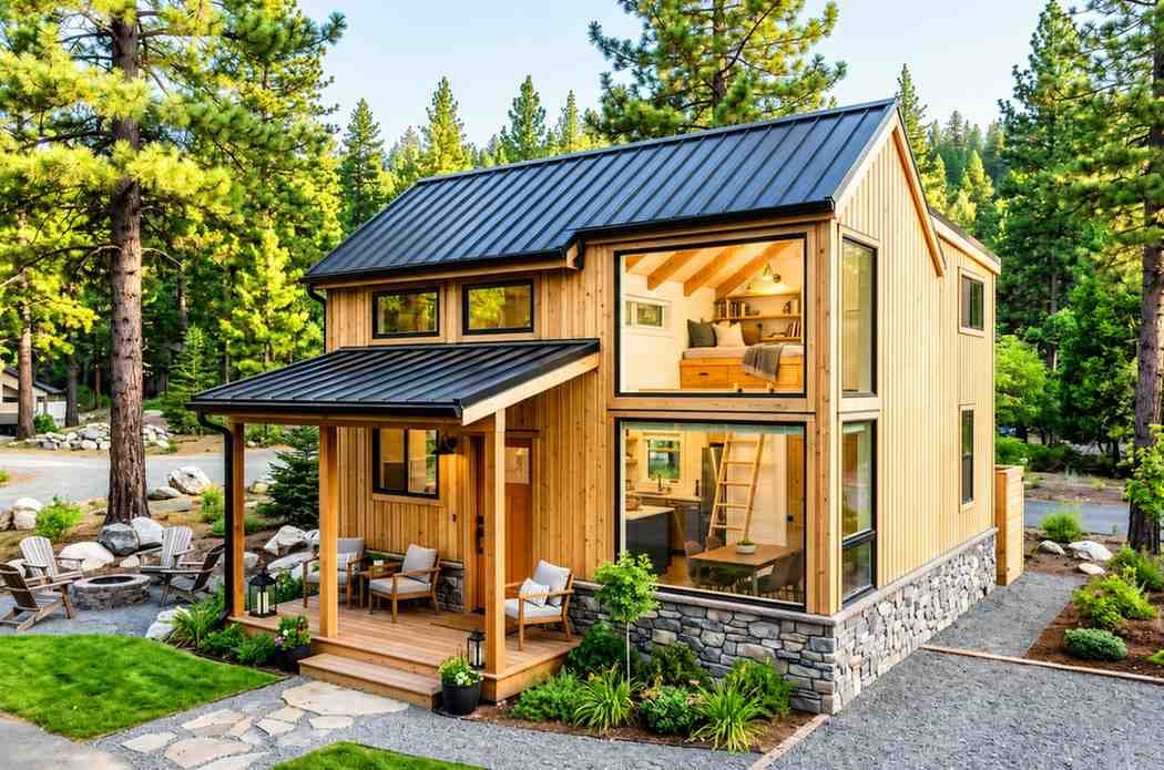 Modern two-story tiny home with covered porch, large windows, and forest surroundings.