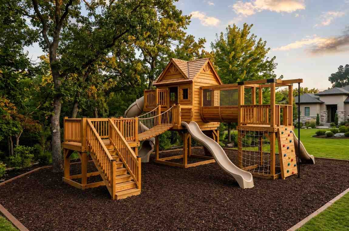 Large custom wooden backyard playground featuring a multi-level playhouse, rope bridge, climbing wall, enclosed tunnel, and multiple slides in a landscaped residential yard.