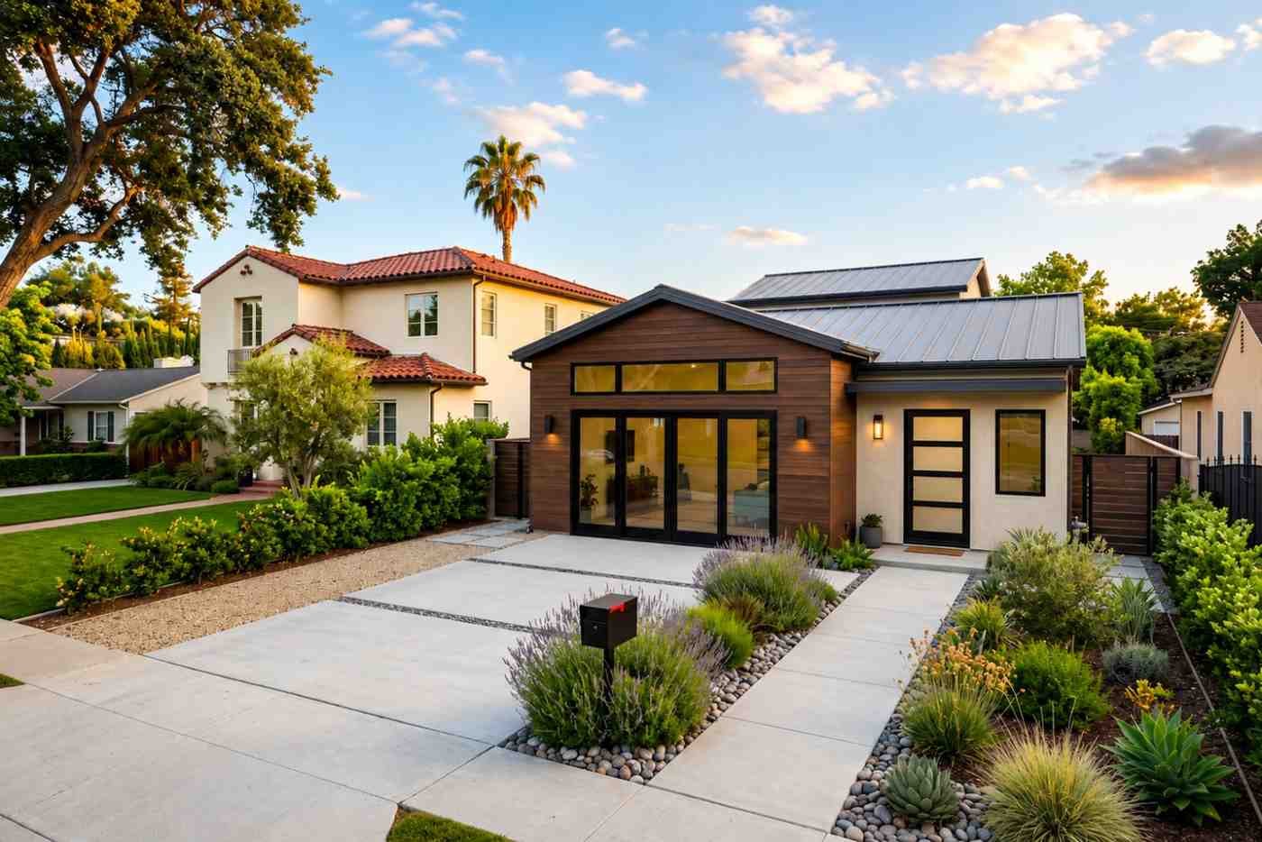 Modern ADU with wood siding, metal roof, landscaped front yard, and spacious driveway.