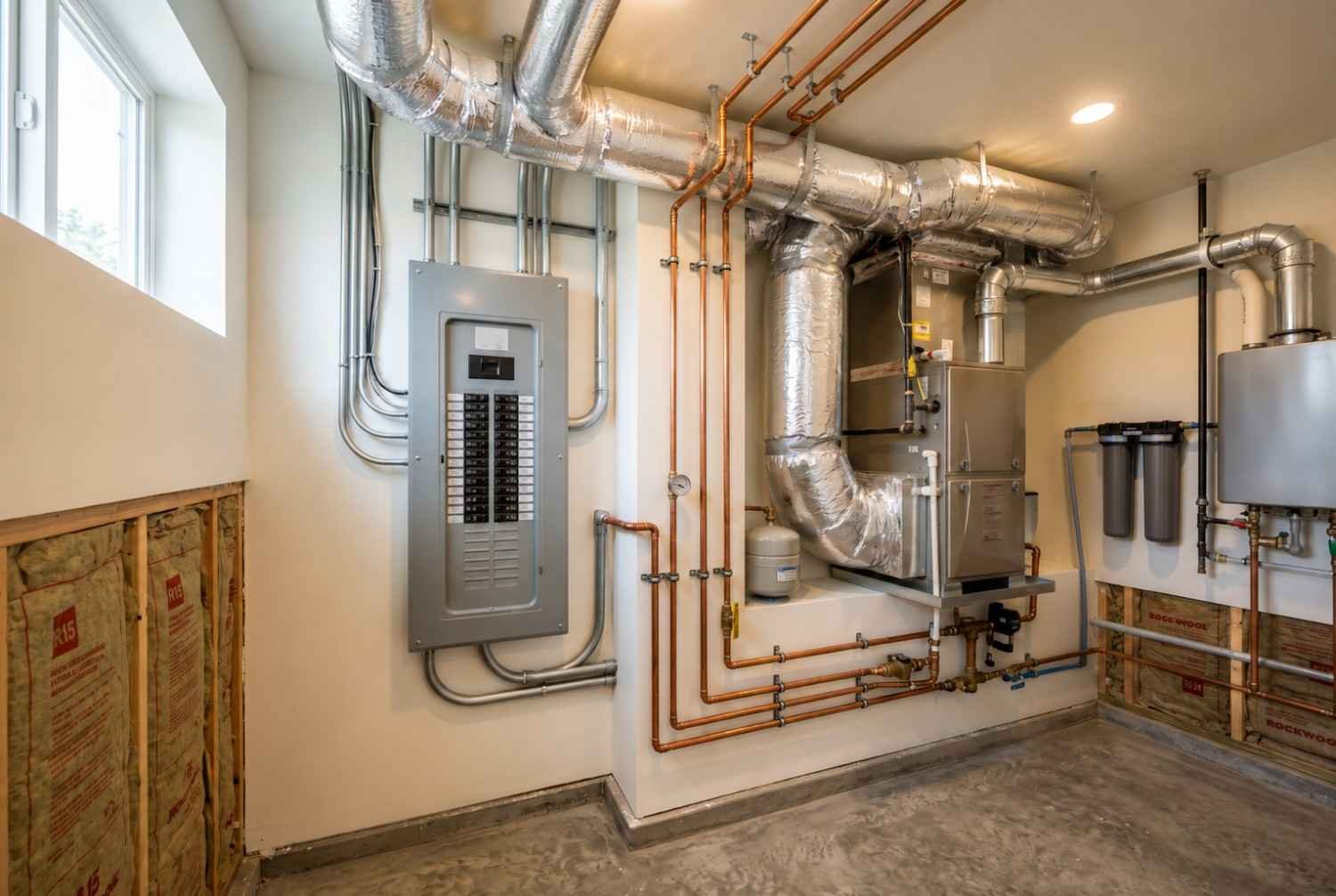 Modern mechanical room with HVAC system, electrical panel, and plumbing.