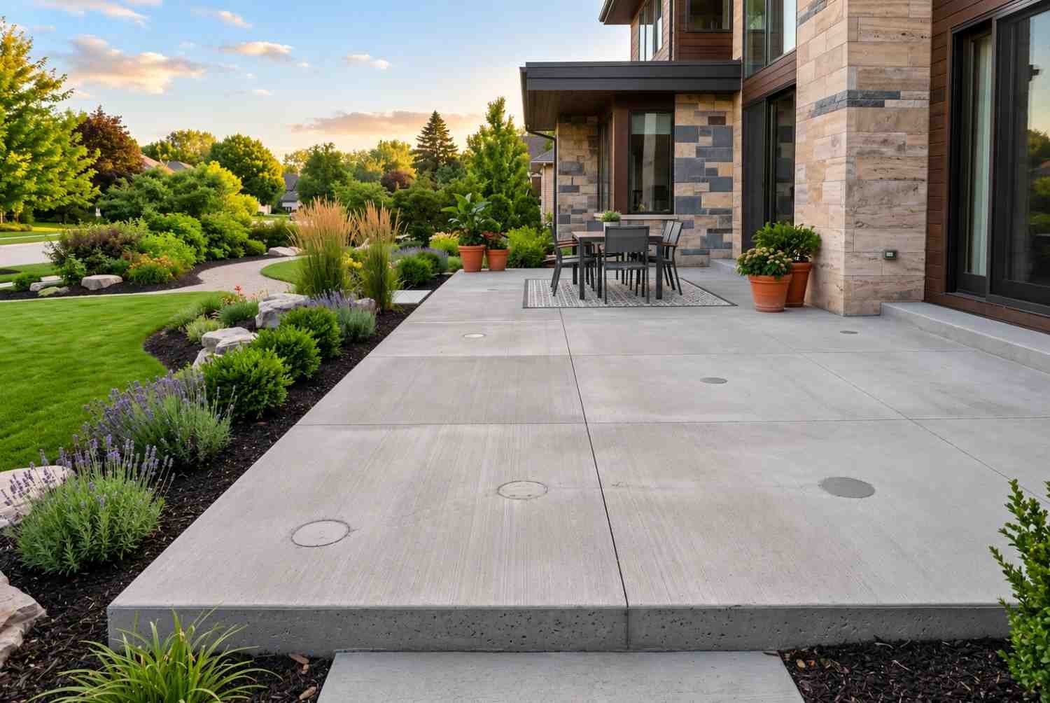 Concrete patio installation beside modern home.