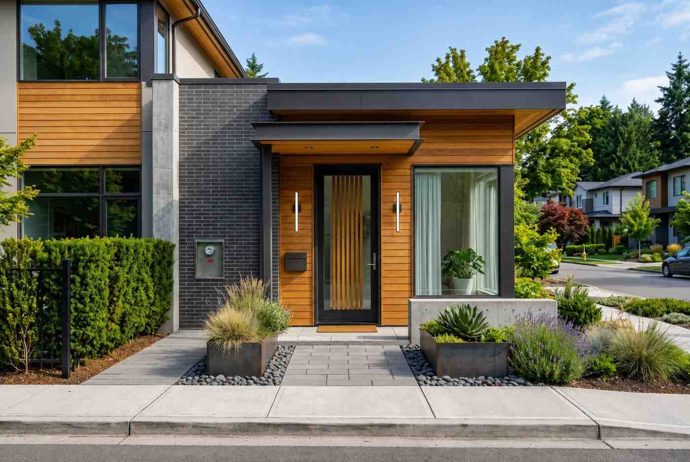 Modern home entrance with wood siding, black brick accents, and landscaped entryway