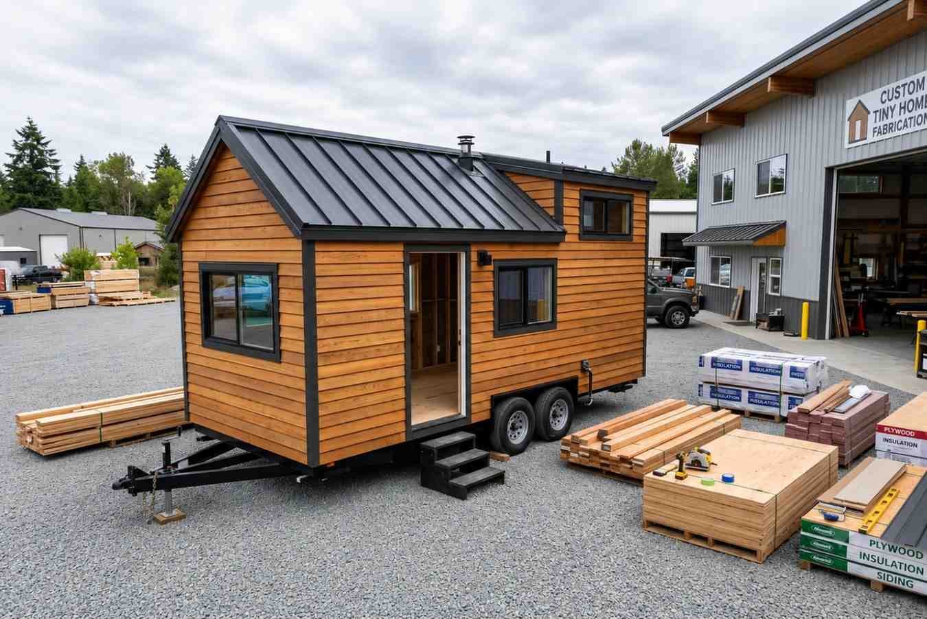 Tiny house under construction outside a custom tiny home fabrication workshop.