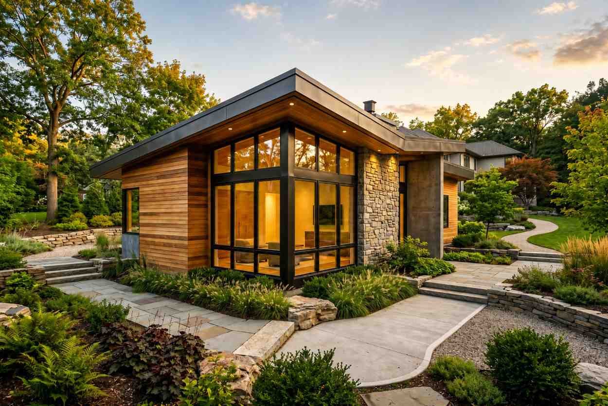 Modern custom home with wood siding, large windows, and landscaped front yard.