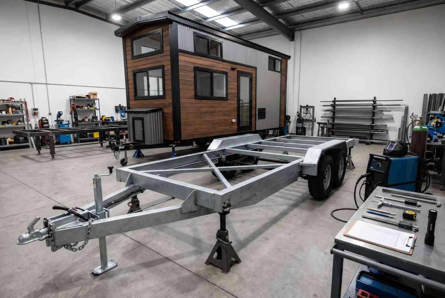 Tiny house on trailer chassis inside a manufacturing workshop during assembly.