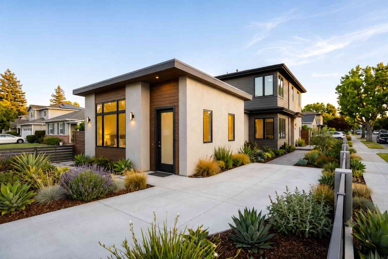 Modern detached ADU with flat roof, large windows, and landscaped front entrance.