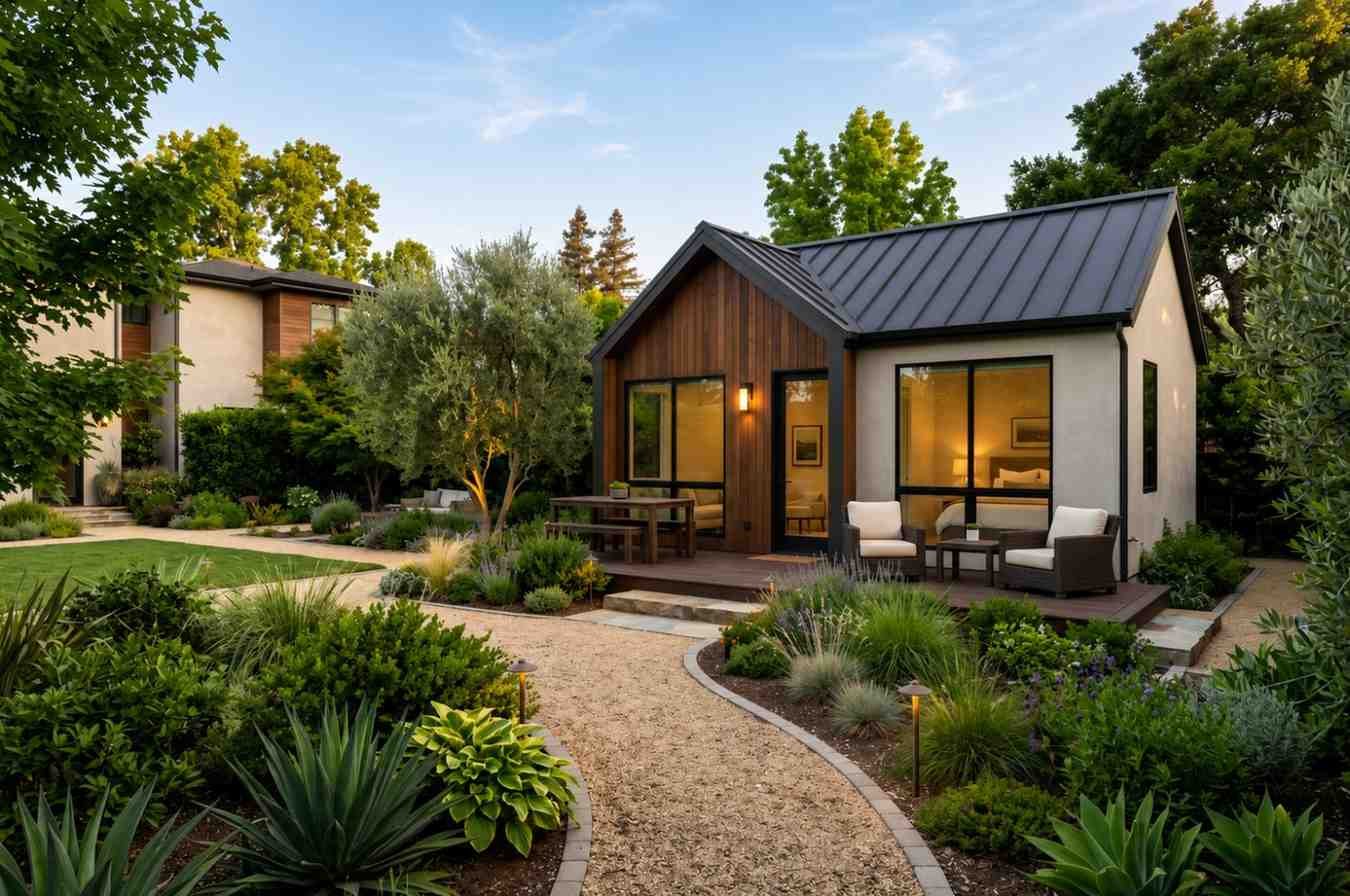 Modern backyard ADU with dark metal roof, wood siding accents, large black-framed windows, landscaped garden, and outdoor seating area.