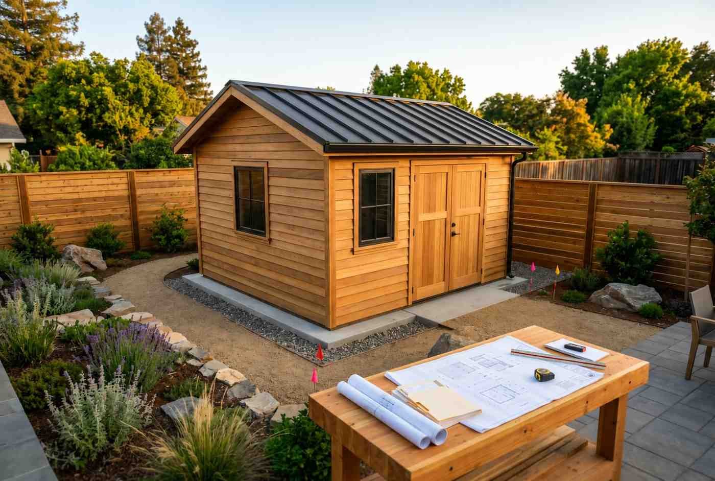 Modern backyard storage shed with wood siding, metal roof, and landscaping under construction.