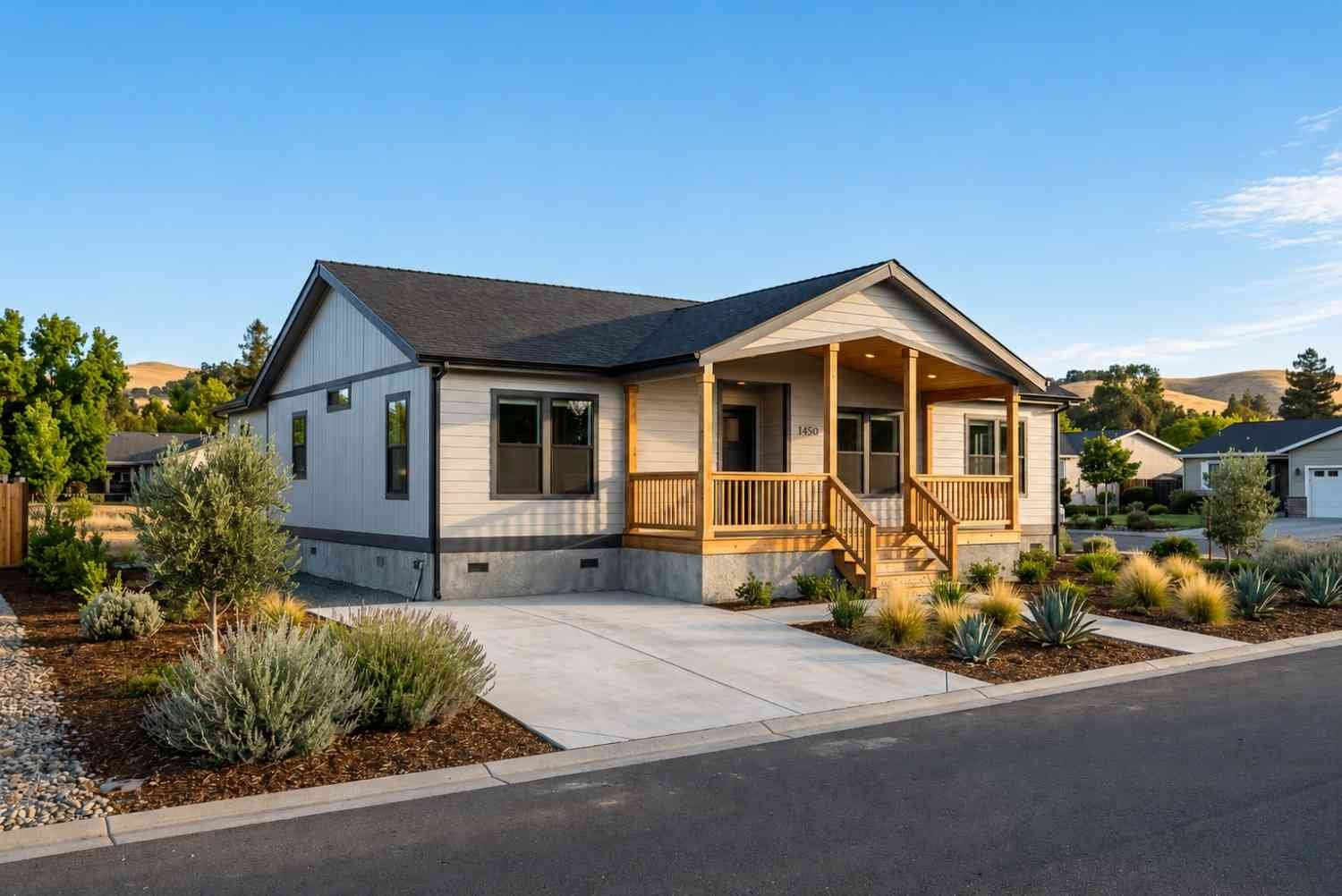 Single-story manufactured home with front porch, landscaped yard, and modern exterior.