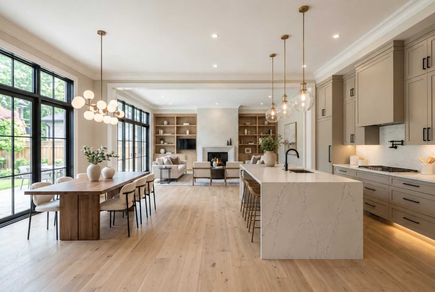 Modern open-concept kitchen, dining, and living room remodel.