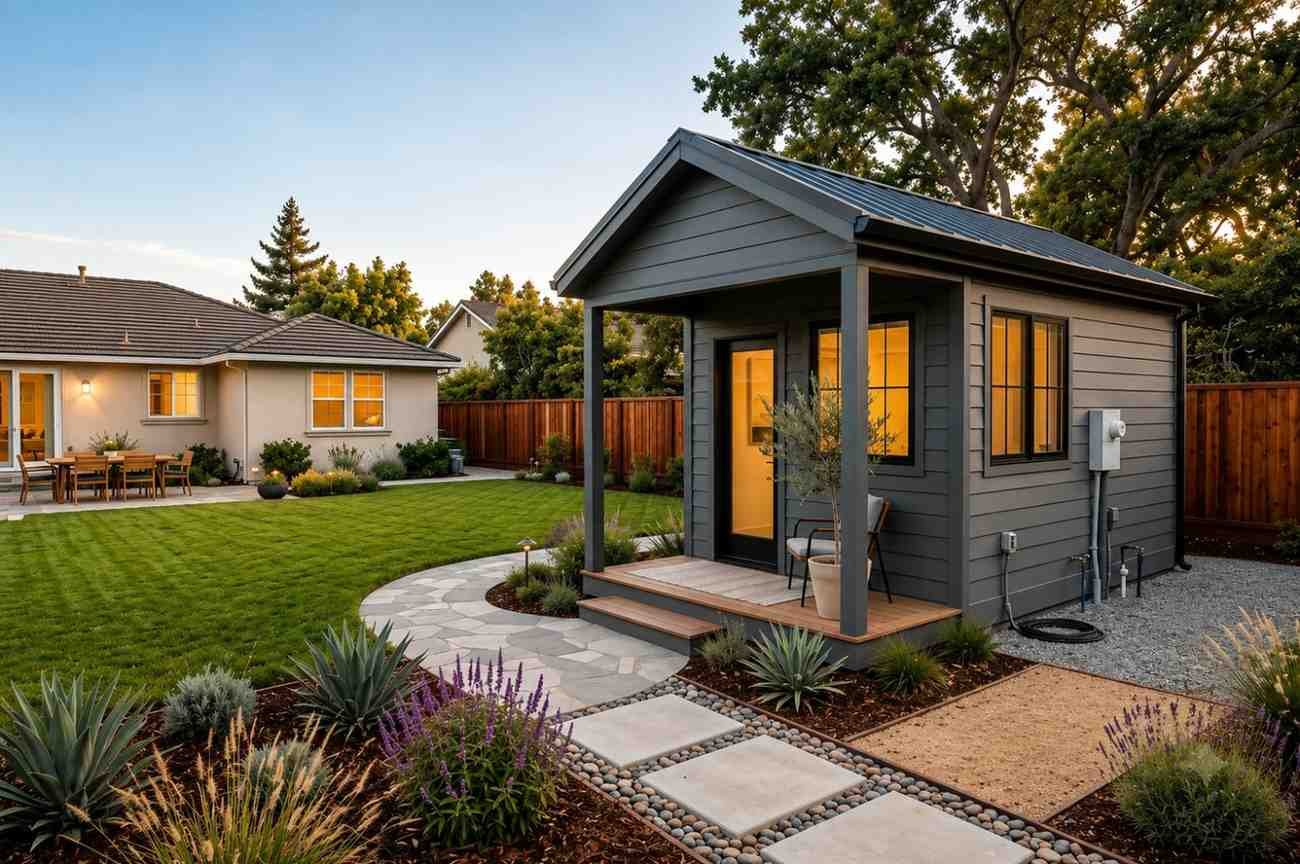Modern backyard ADU with covered porch, landscaped garden, and paved walkway.