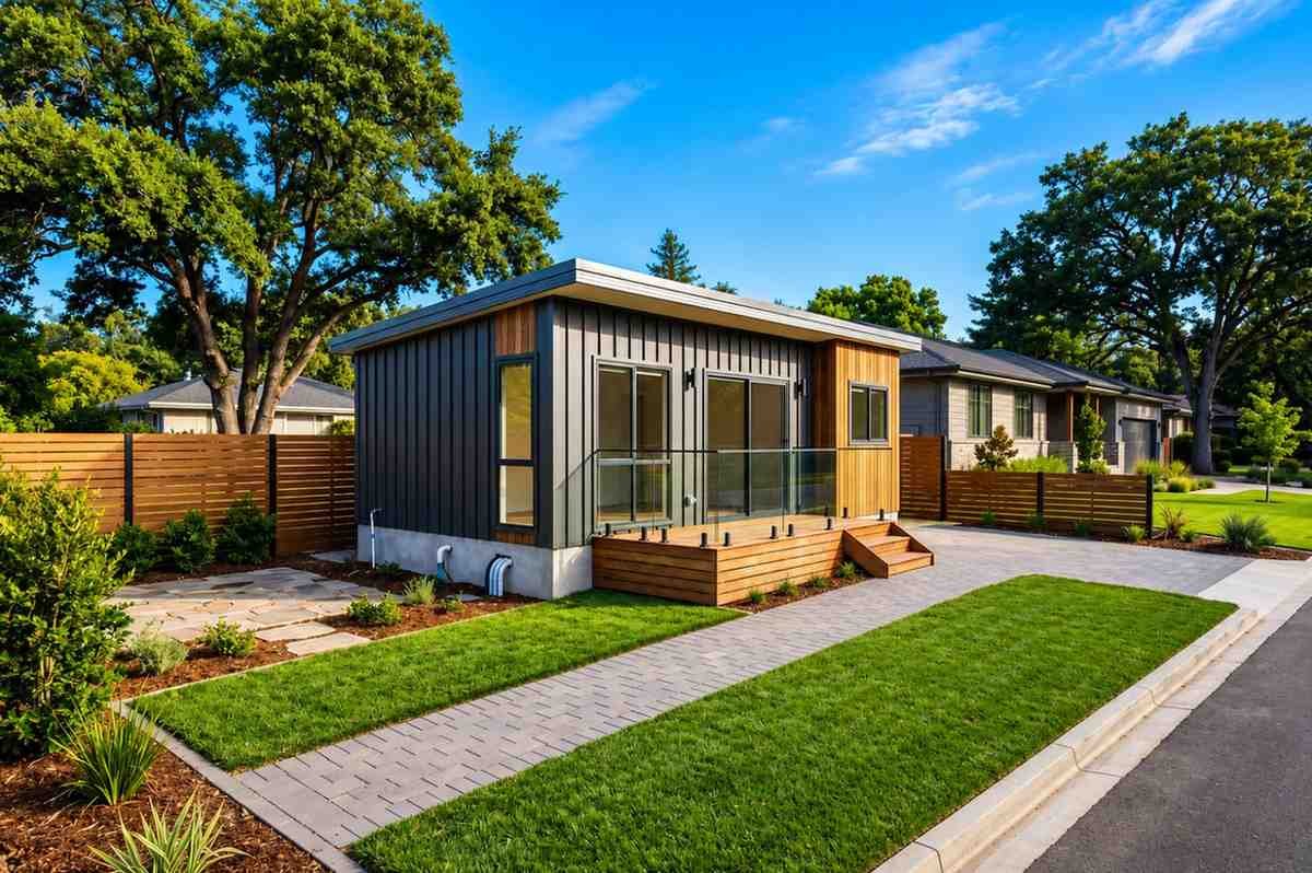Modern detached ADU with flat roof, glass railing, landscaped front yard, and paved walkway.