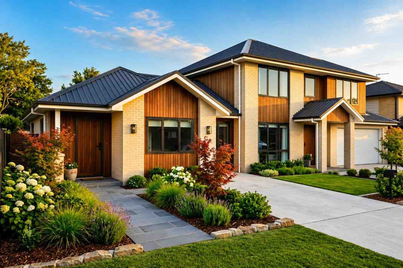 Modern two-story custom home with brick and wood exterior, metal roof, landscaped front yard, and attached garage.