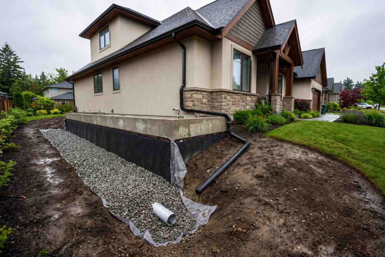 Exterior foundation waterproofing with drainage system.