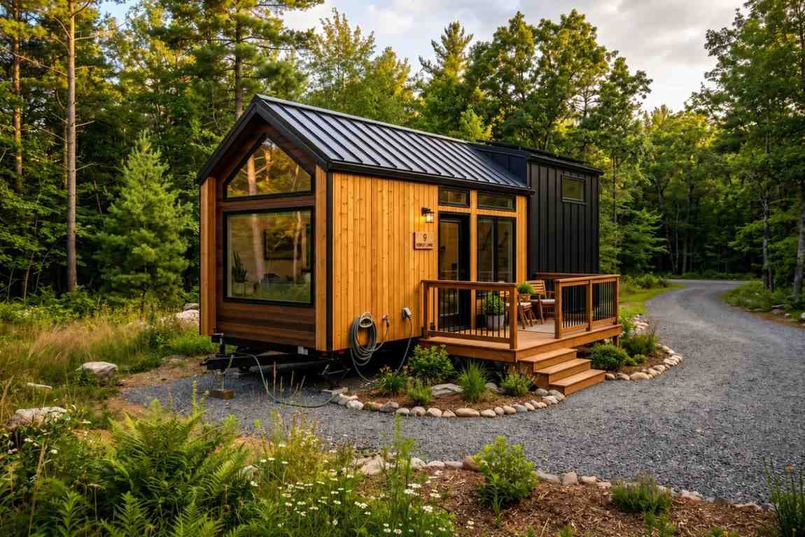 Modern tiny house on wheels with a deck in a wooded setting.