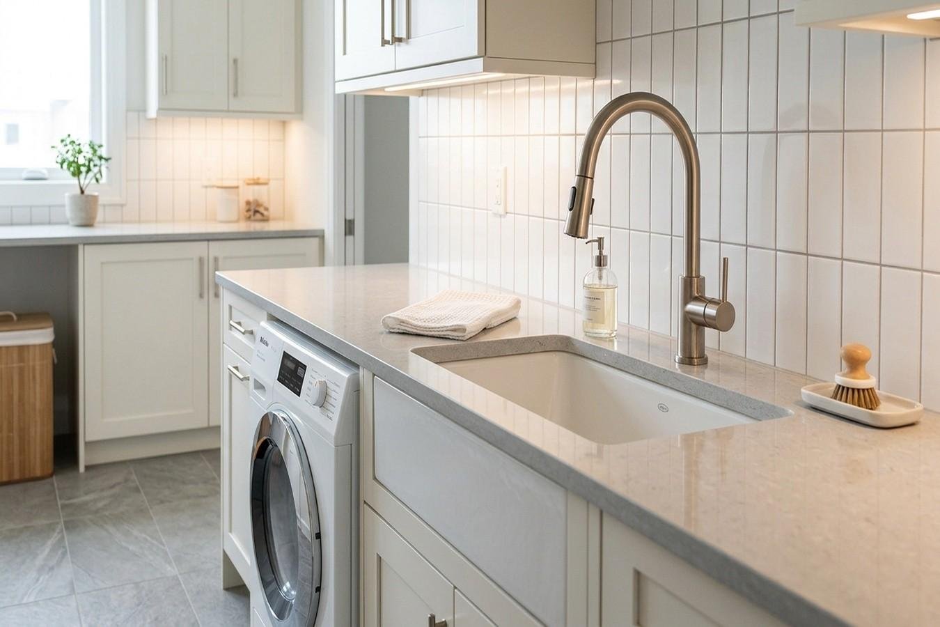 Modern laundry room with built-in sink, quartz countertop, white cabinets, tiled backsplash, and front-load washer.