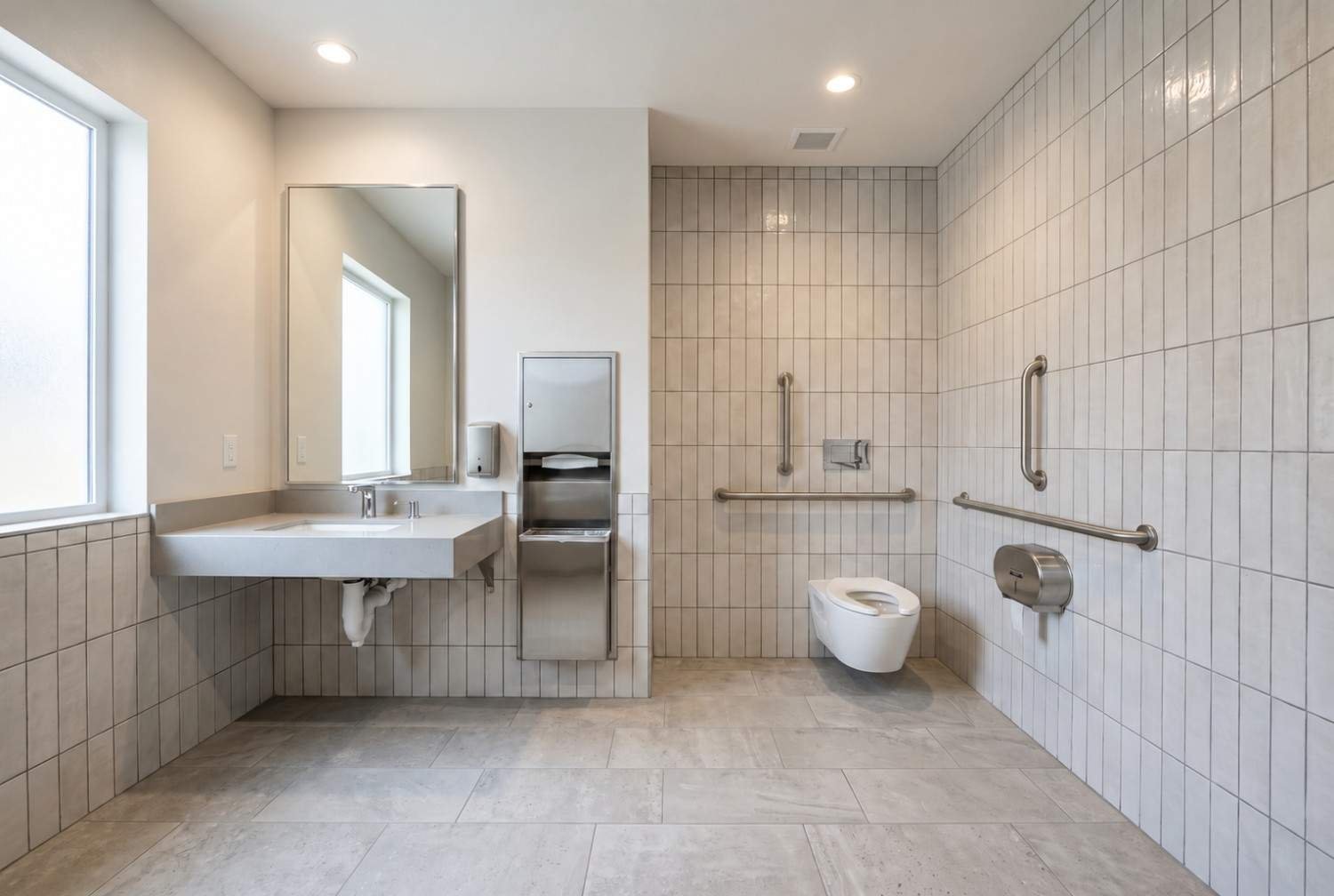 ADA-compliant commercial restroom with accessible sink, grab bars, wall-mounted toilet, and modern tiled interior.