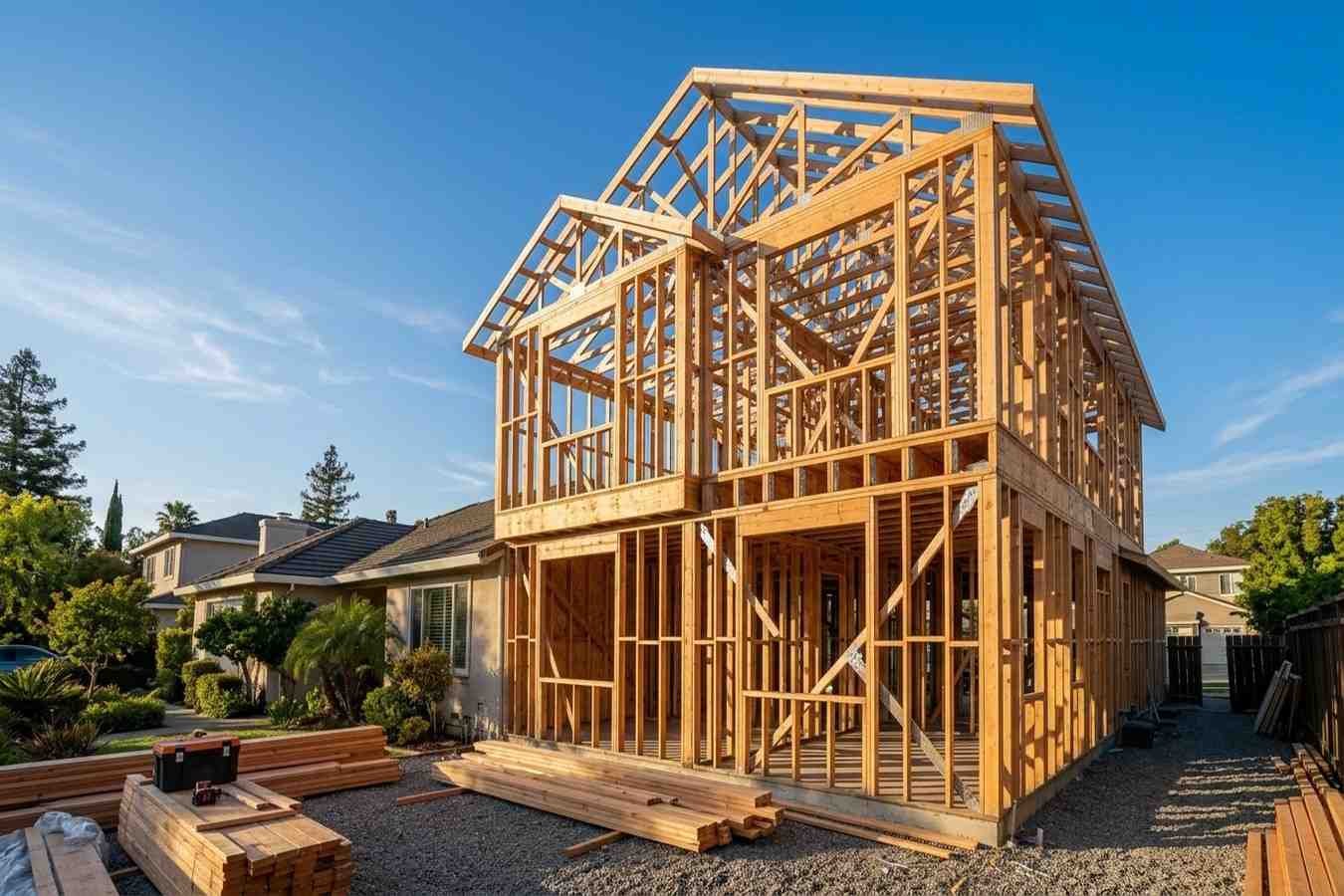 Two-story residential home addition under construction with exposed wood framing and roof trusses.