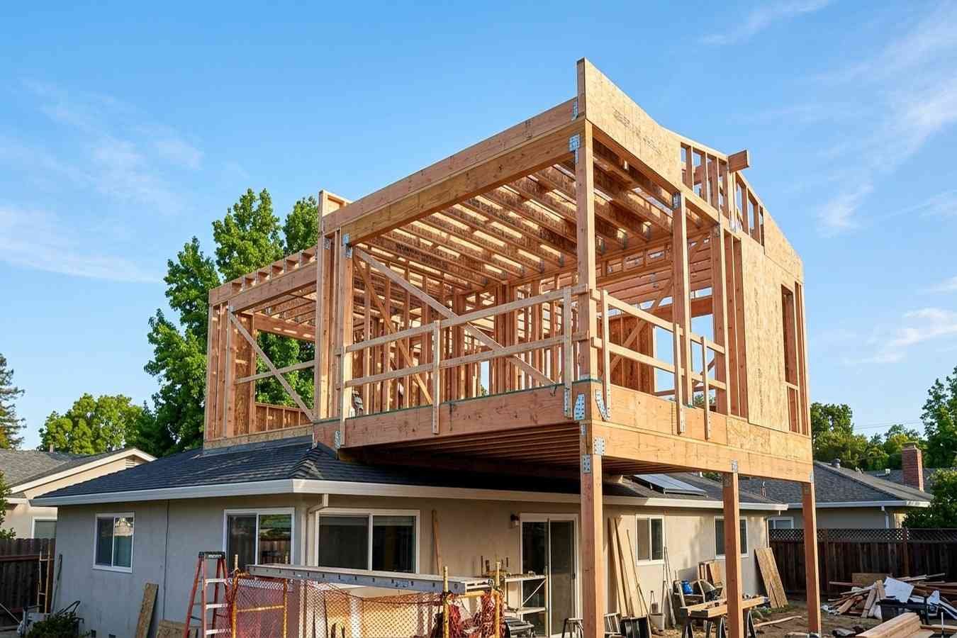 Second-story home addition under construction with timber framing.