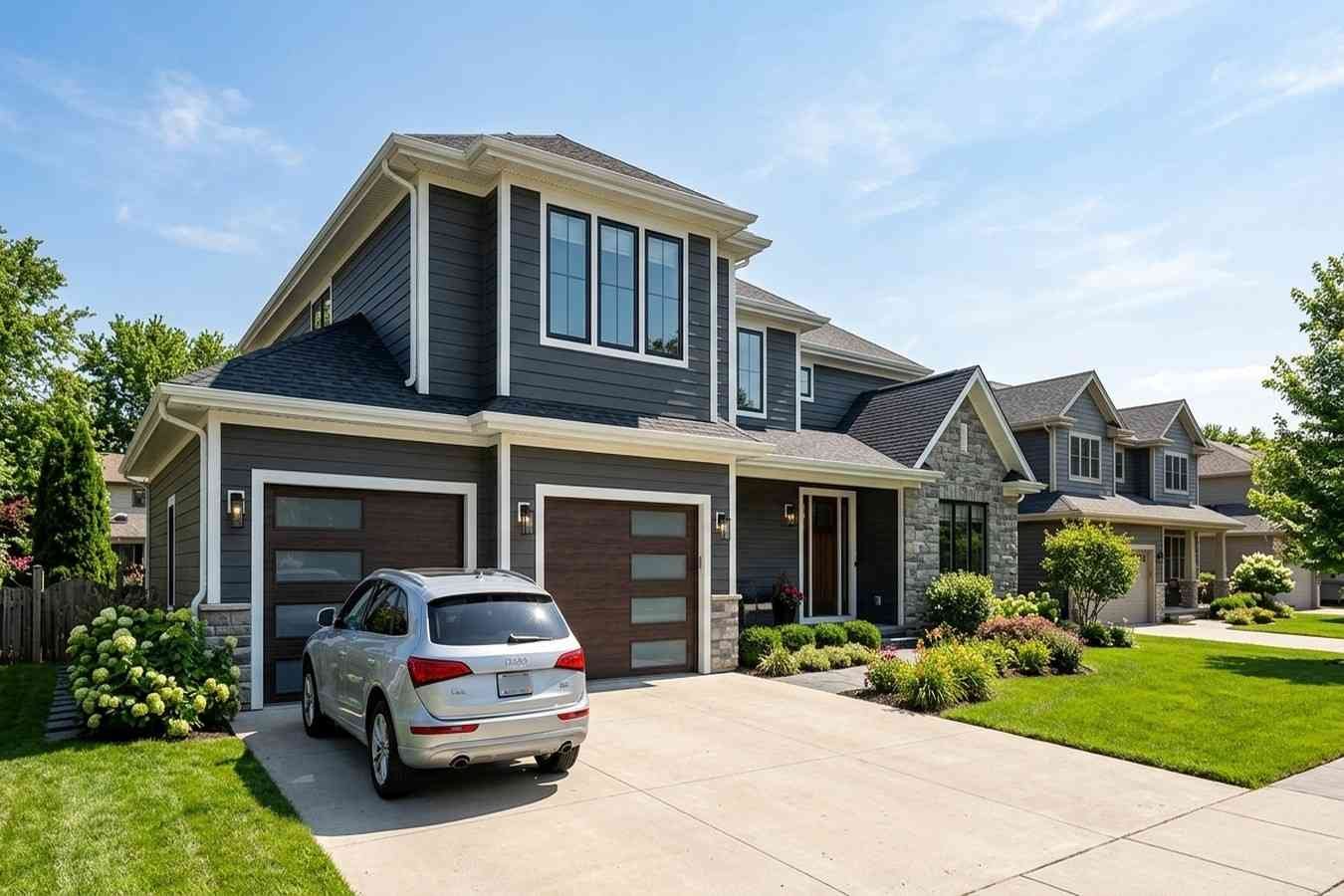 Modern house with a second-story addition above a two-car garage and matching exterior design.