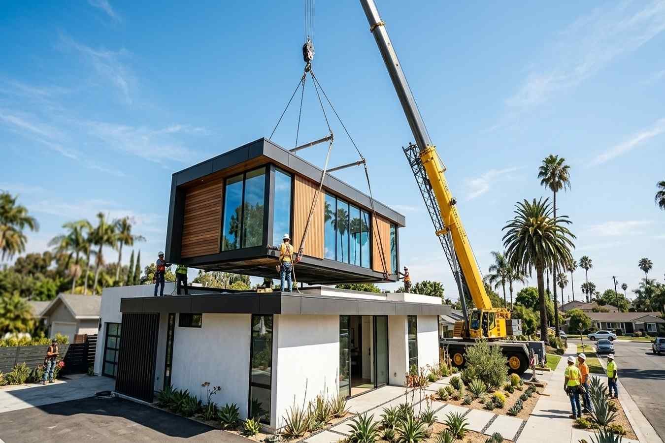 Crane installing a modular second-story home addition onto a modern house during construction.