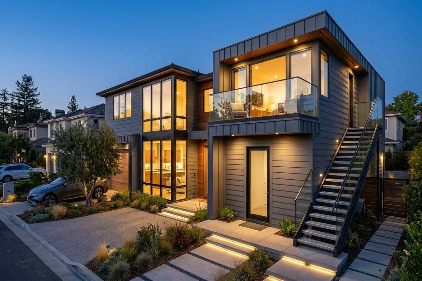 Modern two-story home with a detached ADU featuring an exterior staircase and contemporary design.