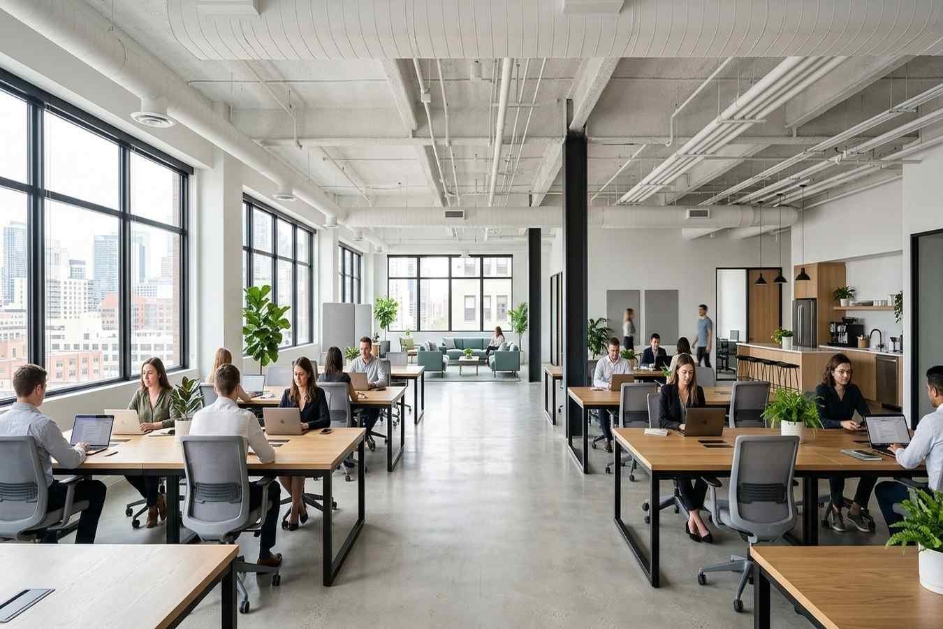 Modern open-plan office with collaborative workstations, large windows, and a shared kitchen area.