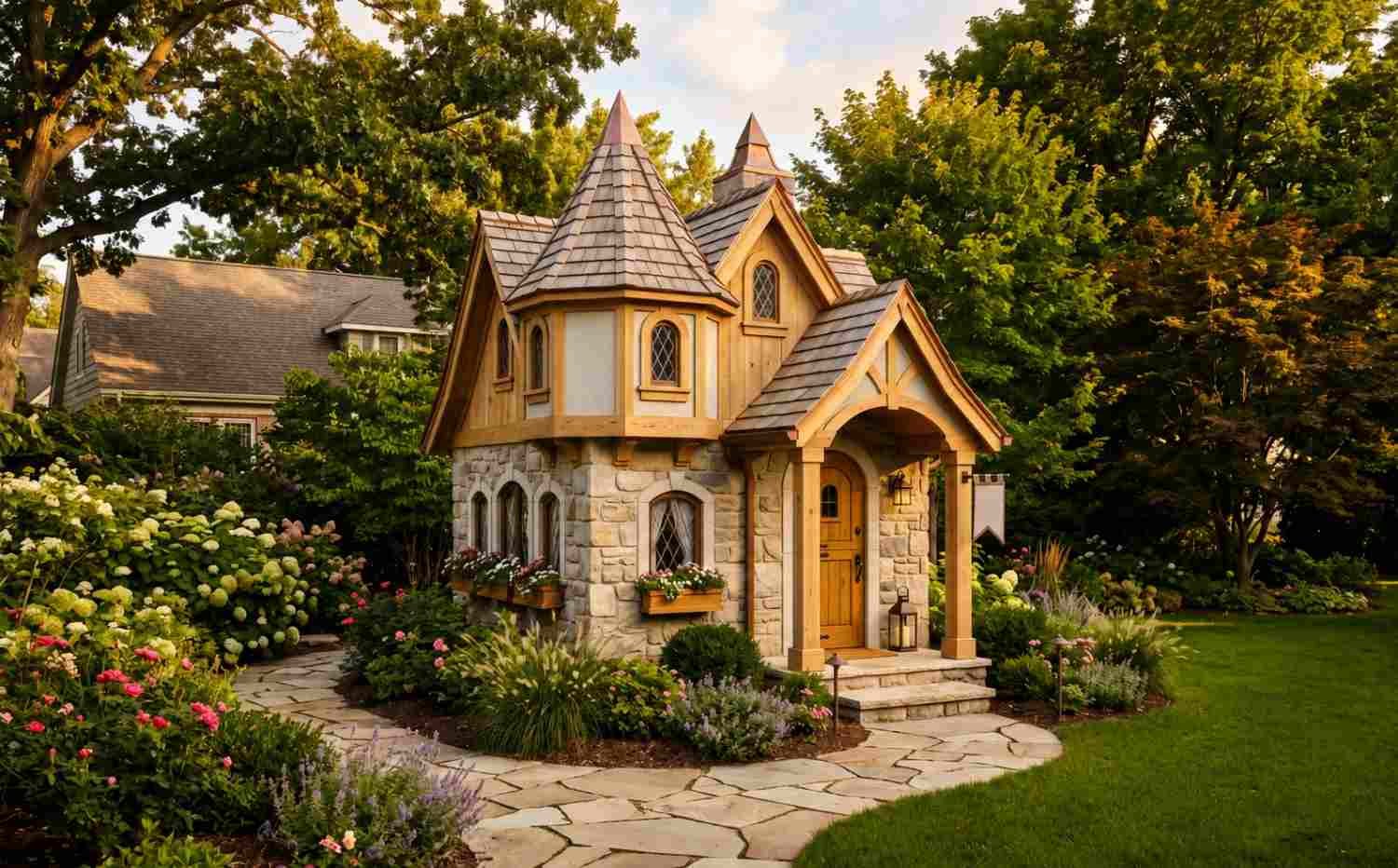 Enchanting custom fairy tale playhouse with stone walls, wooden accents, turret roofs, flower boxes, and lush landscaped gardens in a residential backyard.