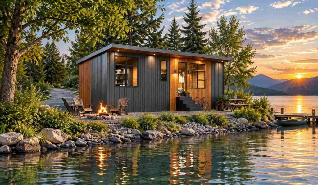 Modern tiny home with dark metal siding beside a lake, featuring a fire pit, picnic table, landscaped yard, and mountain views at sunset.