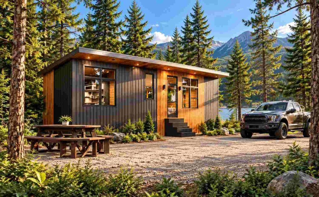 Modern tiny home with dark wood siding, large windows, landscaped surroundings, and a picnic table set among evergreen trees with mountain views.