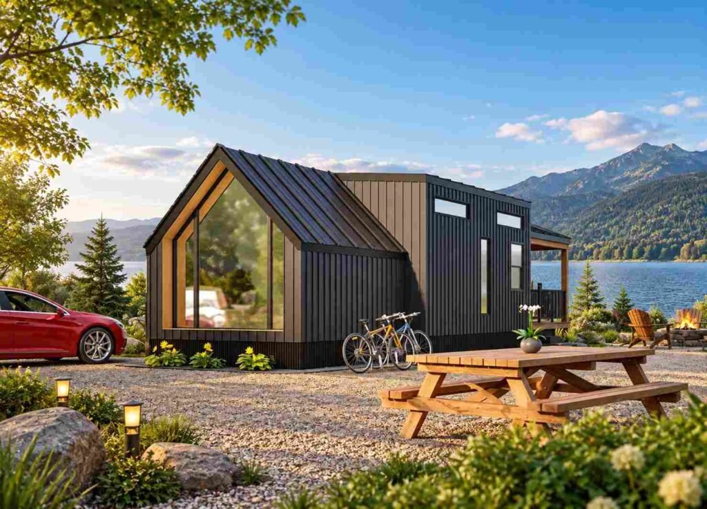 Modern black tiny house with large glass windows beside a mountain lake, surrounded by trees, landscaping, bicycles, and outdoor seating.