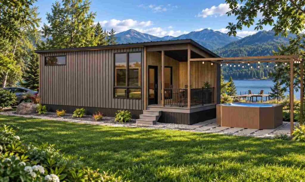 Modern tiny home with a covered porch, landscaped lawn, outdoor hot tub, lakefront setting, and mountain views.