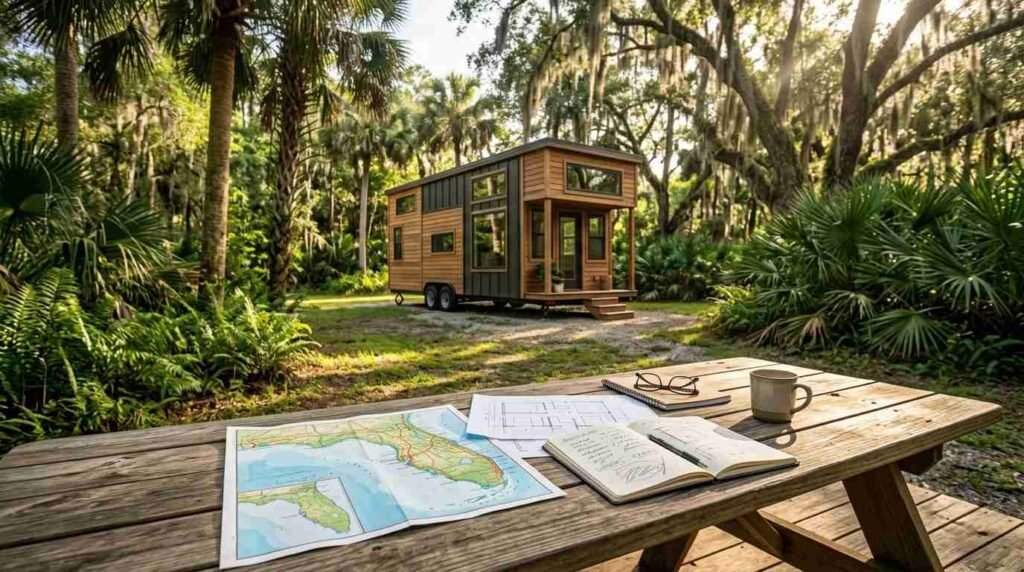 Modern wooden tiny house on wheels nestled in a lush tropical forest, with architectural plans, a Florida map, a notebook, and a coffee mug on a wooden picnic table in the foreground.