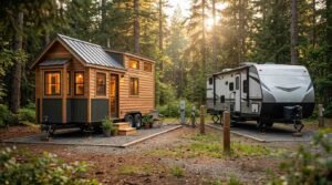 Modern wooden tiny house on wheels and a large travel trailer parked at a forest campsite, surrounded by tall evergreen trees with warm sunlight filtering through the canopy.