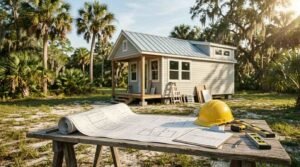 Small modern cottage under construction in a tropical Florida setting, with architectural blueprints, a yellow safety helmet, measuring tools, and a clipboard arranged on a wooden worktable in the foreground.