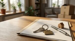 House keys, a miniature wooden house, and a silver pen resting on property documents on a wooden table inside a warmly lit living room, with moving boxes in the background.