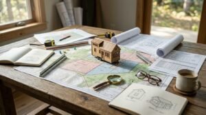 Wooden miniature tiny house placed on colorful land survey maps and architectural blueprints, surrounded by rolled plans, measuring tapes, rulers, pencils, a notebook, magnifying glass, and coffee on a rustic wooden table.