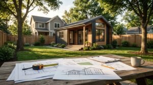 Modern wooden tiny house with dark exterior siding and large windows in a landscaped backyard, with architectural blueprints, a measuring tape, pencil, and coffee mug on a wooden table in the foreground.