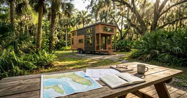 Modern wooden tiny house on wheels nestled in a lush tropical forest, with architectural plans, a Florida map, a notebook, and a coffee mug on a wooden picnic table in the foreground.